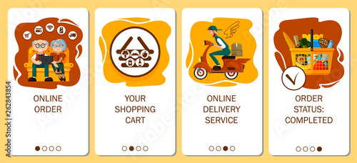 Design of mobile app to onboarding screens. Online order service, food delivery, order grocery in online store