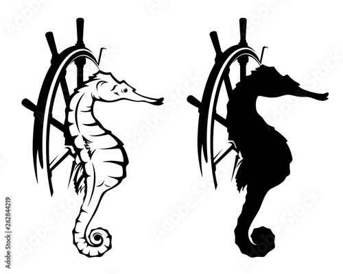 seahorse and ship helm - black and white nautical vector design