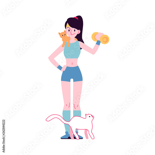 Vector flat happy woman hugs adorable cat