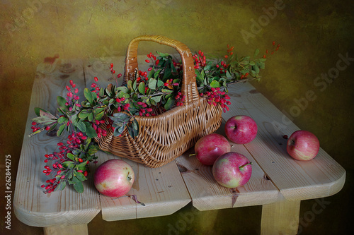 Still life with red currants, wild flowers isolated on brown background.Berry plum,currants and flowers on the table