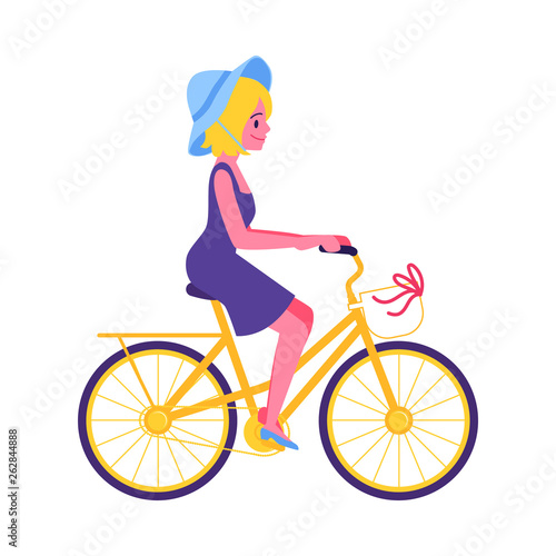 Fototapeta Naklejka Na Ścianę i Meble -  Vector cute young girl riding yellow bike icon