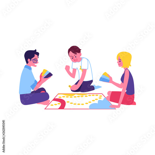 Vector happy men, woman playing board game