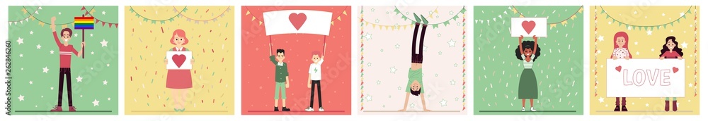 Set of people characters standing with heart image banners cartoon style Set of people characters standing with heart image banners cartoon style