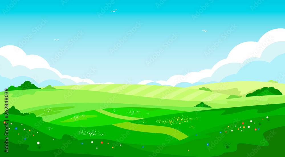 Rural landscape with green hills and blue sky