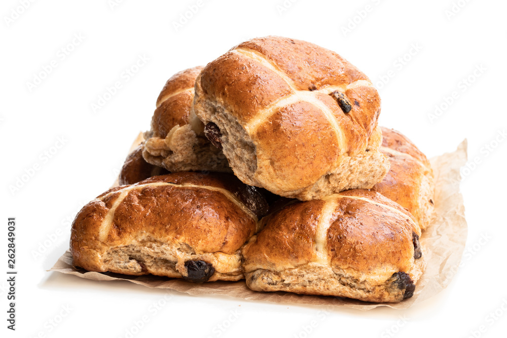 Easter cross buns and sultanas isolated on white background Easter cross buns and sultanas isolated on white background