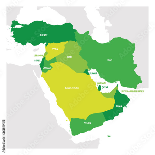West Asia Region. Map of countries in western Asia or Middle East. Vector illustration