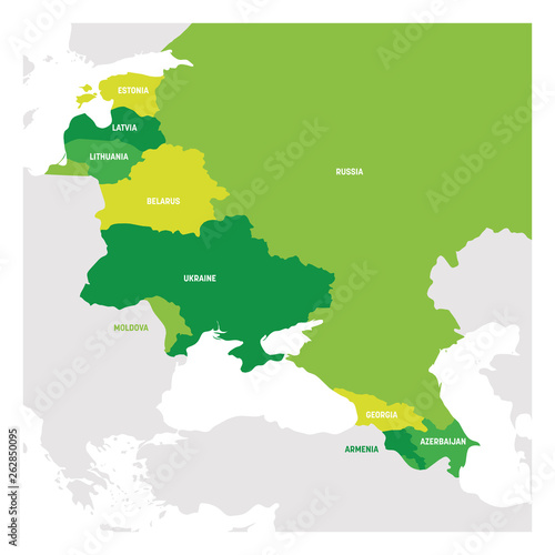 East Europe Region. Map of countries in eastern Europe. Post Soviet and Caucasian countries. Vector illustration