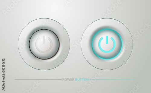 Plastic round white power button in the on and off position. Realistic style. Isolated background. UI for site, web design, banner, icon, logo or badge. Vector illustration.