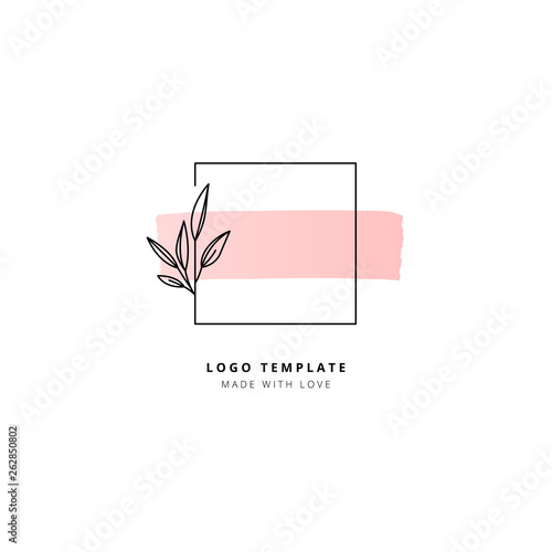 Square with leaves and pink horizontal stroke logo template