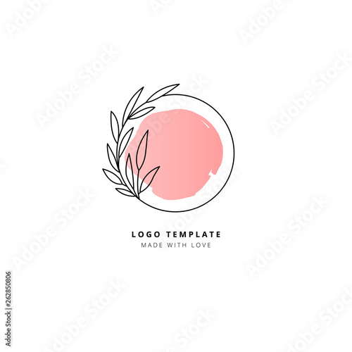 Floral logo template circle with leaves and pink background element