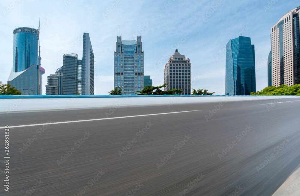 Empty Asphalt Road Through Modern City of Shanghai, China.. Empty Asphalt Road Through Modern City of Shanghai, China..