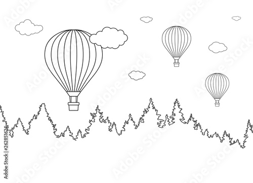 Vector illustration of landscape with forest and flying hot air balloons for coloring page