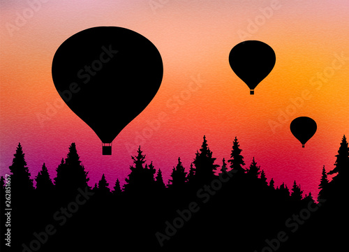 Vector illustration of landscape with forest, flying hot air balloons and orange sky