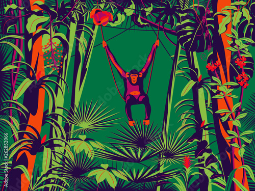 Monkey sitting on a liana in the rainforest. Handmade drawing vector illustration. Pop art minimalist style.