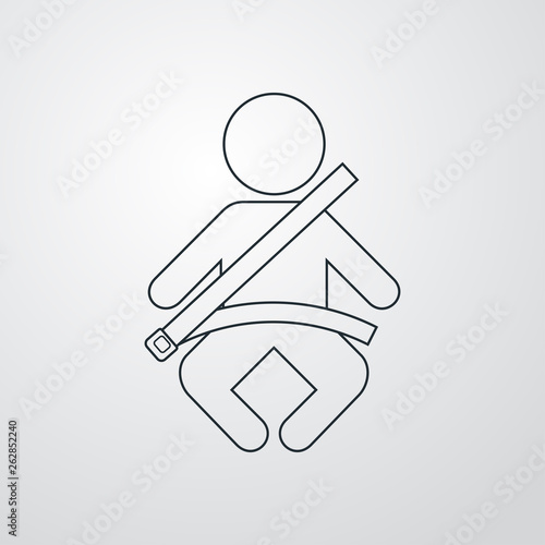 Icono plano lineal niño sentado con cinturón de seguridad en fondo gris