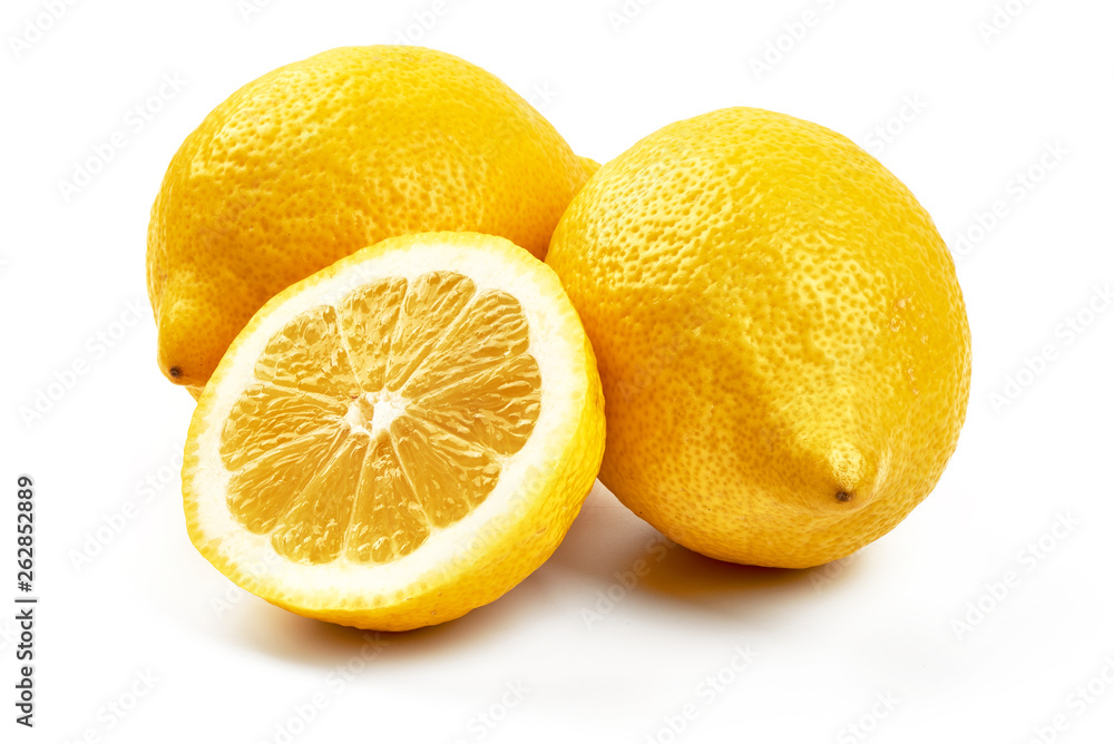 Fresh lemon fruit with juicy slice, close-up, isolated on white background