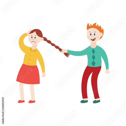 Bully boy pulling girl's hair