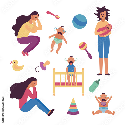 Set of depressed tired women and crying babies and toys flat cartoon style