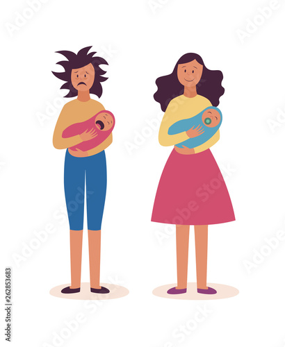 Tired and cheerful women stands with crying and calm babies flat cartoon style