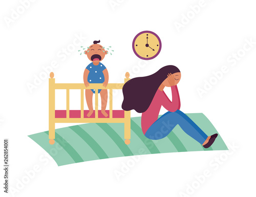 Depressed woman sits on floor while baby is crying in cot flat cartoon style