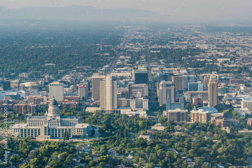 Aerial panorama of Salt Lake City downtown