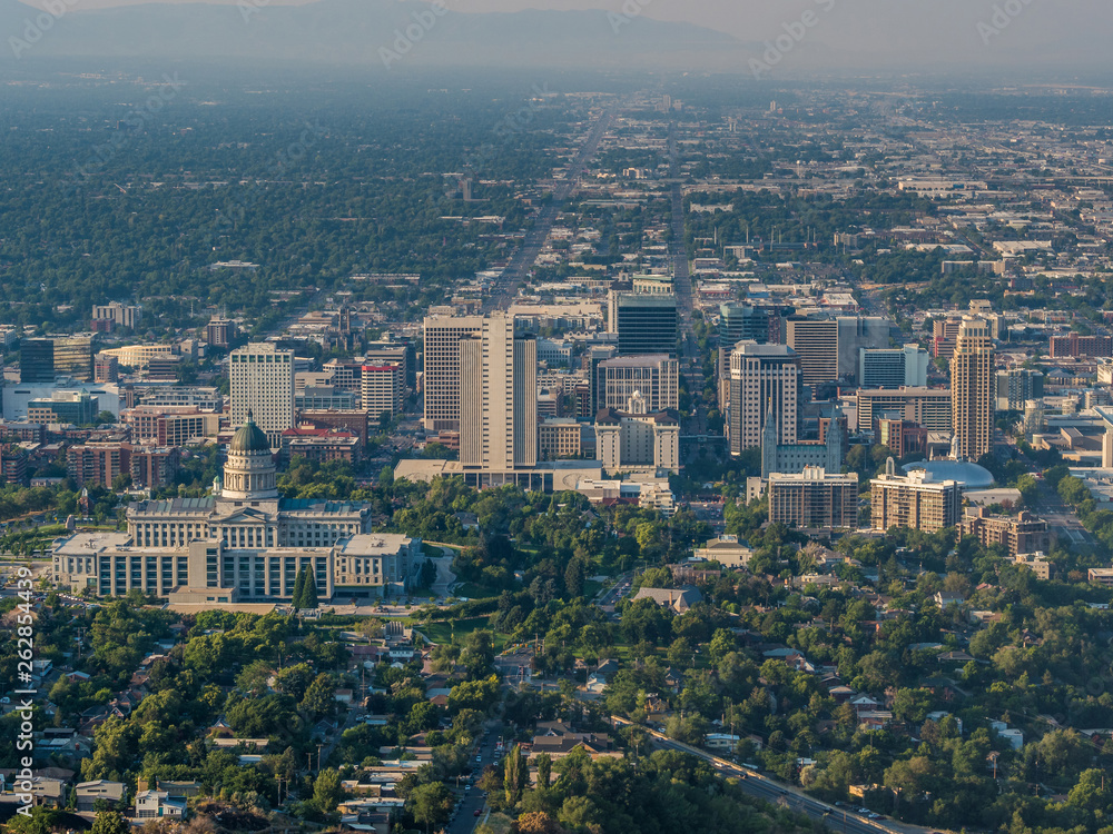 Aerial panorama of Salt Lake City downtown