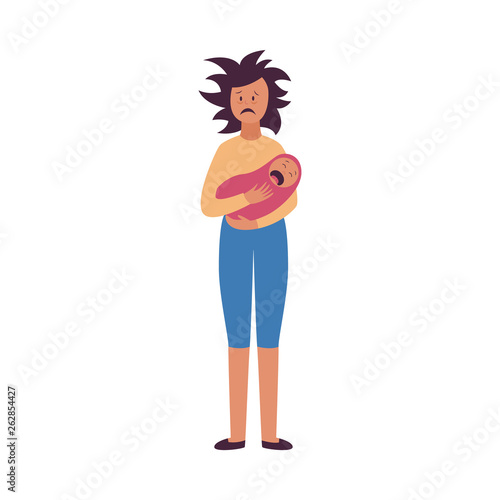 Tired woman with wild hair stans holding crying baby flat cartoon style