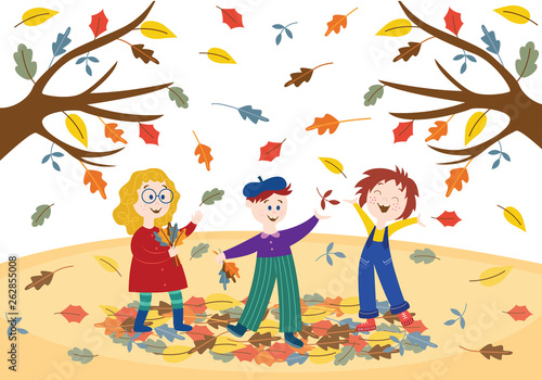 Cheerful children playing outdoors in autumn park or garden.