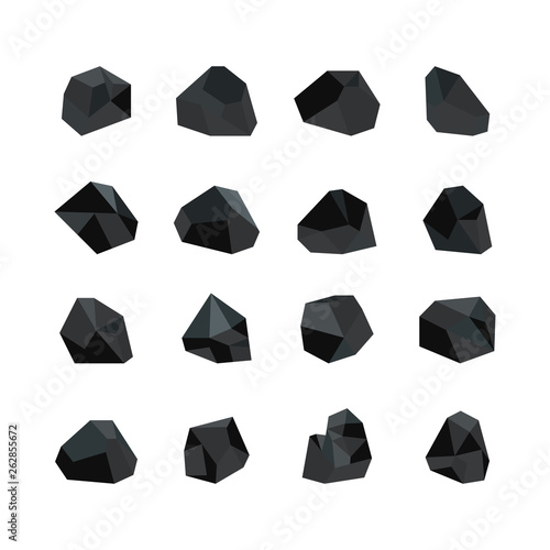 Vector illustration set of various black coal pieces isolated on white background.