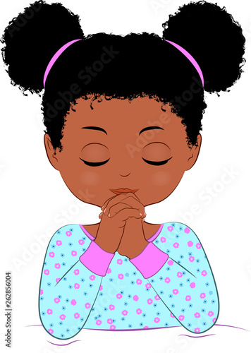Black girl praying before she goes to bed, illustration, cute, big hair, dressed in her pajamas.