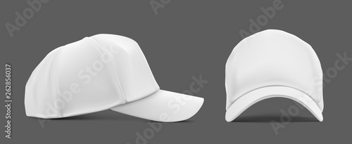 Realistic detailed baseball cap. Frontal and side view. Vector illustration on a gray background. Ready for the presentation of your design, advertising, promo. EPS10.