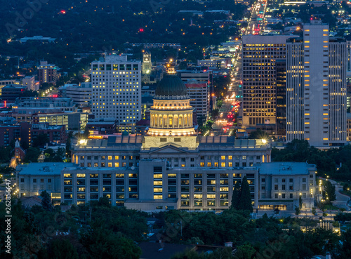 Aerial panorama of Salt Lake City downtown at the evening