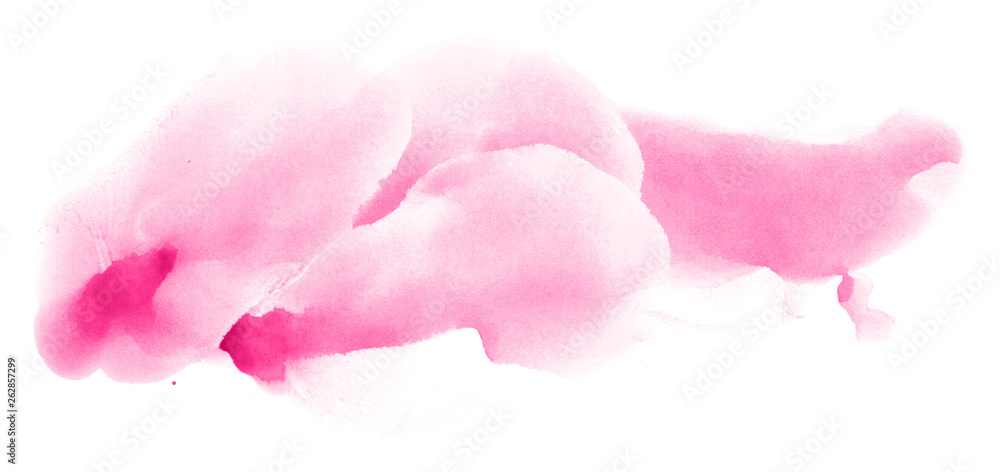 Fototapeta premium Abstract watercolor background hand-drawn on paper. Volumetric smoke elements. Pink color. For design, web, card, text, decoration, surfaces.