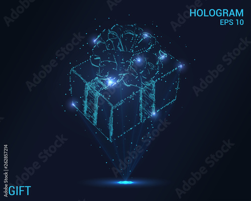 Hologram gift. Holographic projection present. Flickering energy flux of particles. Scientific design box with bow.