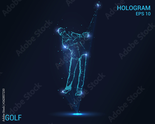 Golf hologram. A holographic projection of the golfer. Flickering energy flux of particles. The scientific design of the sport.