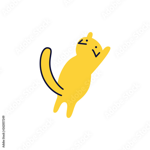Back view of yellow cat standing on its hind paws flat cartoon style