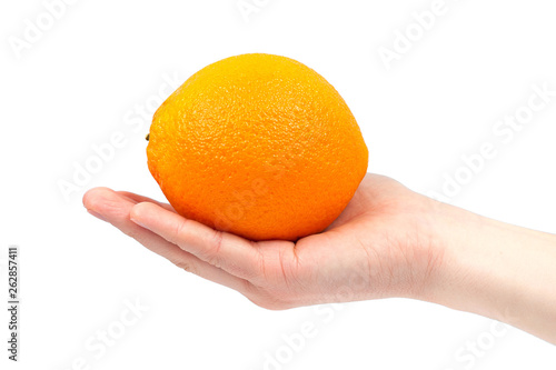 Hand holding organic delicious orange Isolated on white Background. Healthy eating and dieting concept