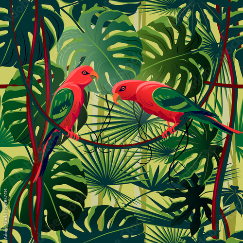 Parrots in the thickets of a flowering rainforest.