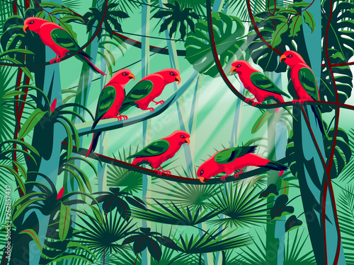 Parrots in the thickets of a flowering rainforest.