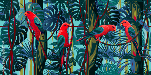 Parrots in the thickets of a flowering rainforest.
