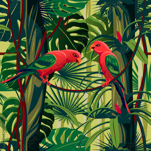 Parrots in the thickets of a flowering rainforest.
