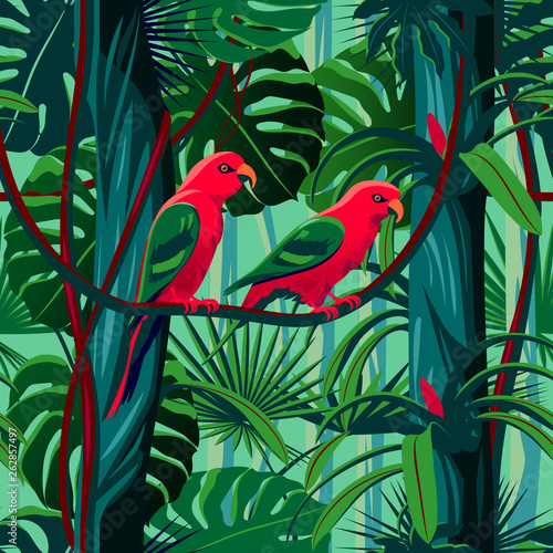 Parrots in the thickets of a flowering rainforest.