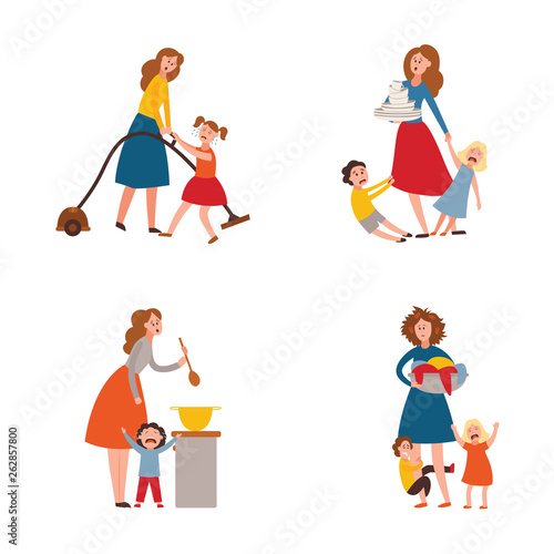 Vector parenting problem big family tired parents