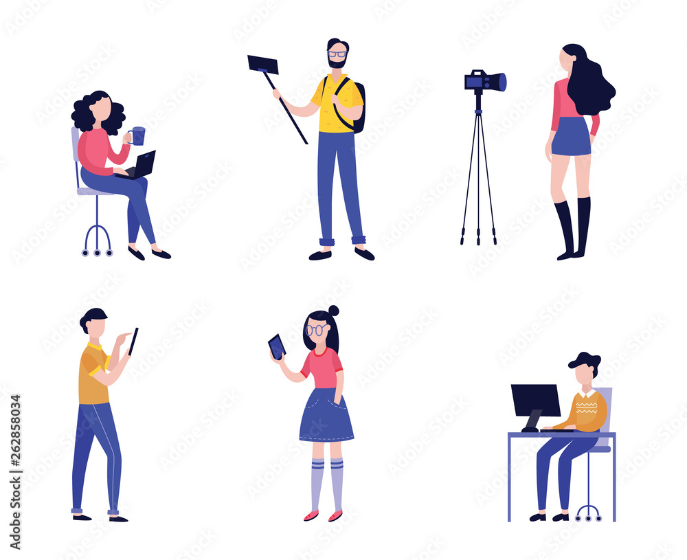 Vector illustration set of various people recording video with camera or mobile phone. Vector illustration set of various people recording video with camera or mobile phone.