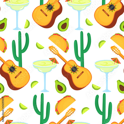 Cinco de Mayo. 5th of May. Guitarron, cactus, taco, avocado, margarita - clipart to national mexican holiday seamless pattern. Can be used as wallpaper, wrapping paper, textiles.