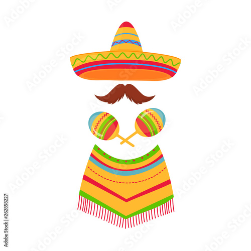 Cinco de Mayo. 5th of May. Mexican sombrero, poncho, mustache and maracas.