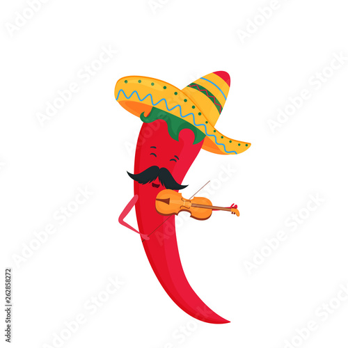 Cinco de Mayo. 5th of May. Funny cartoon chili pepper in a sombrero plays the violin.