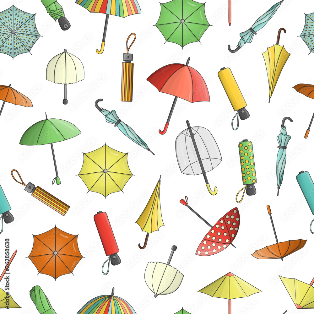 Vector seamless pattern of colored umbrellas. Repeat background with isolated bright umbrella