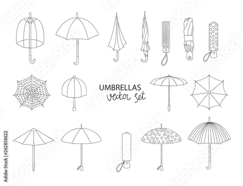 Vector set of black umbrellas isolated on white background. Monochrome pack of rain shields. Cartoon style