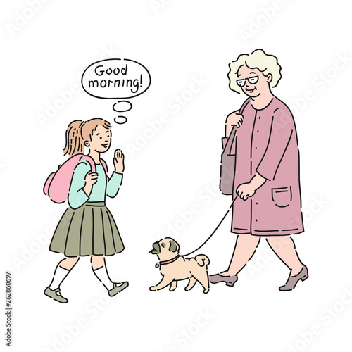 Vector polite kid good morning to old woman